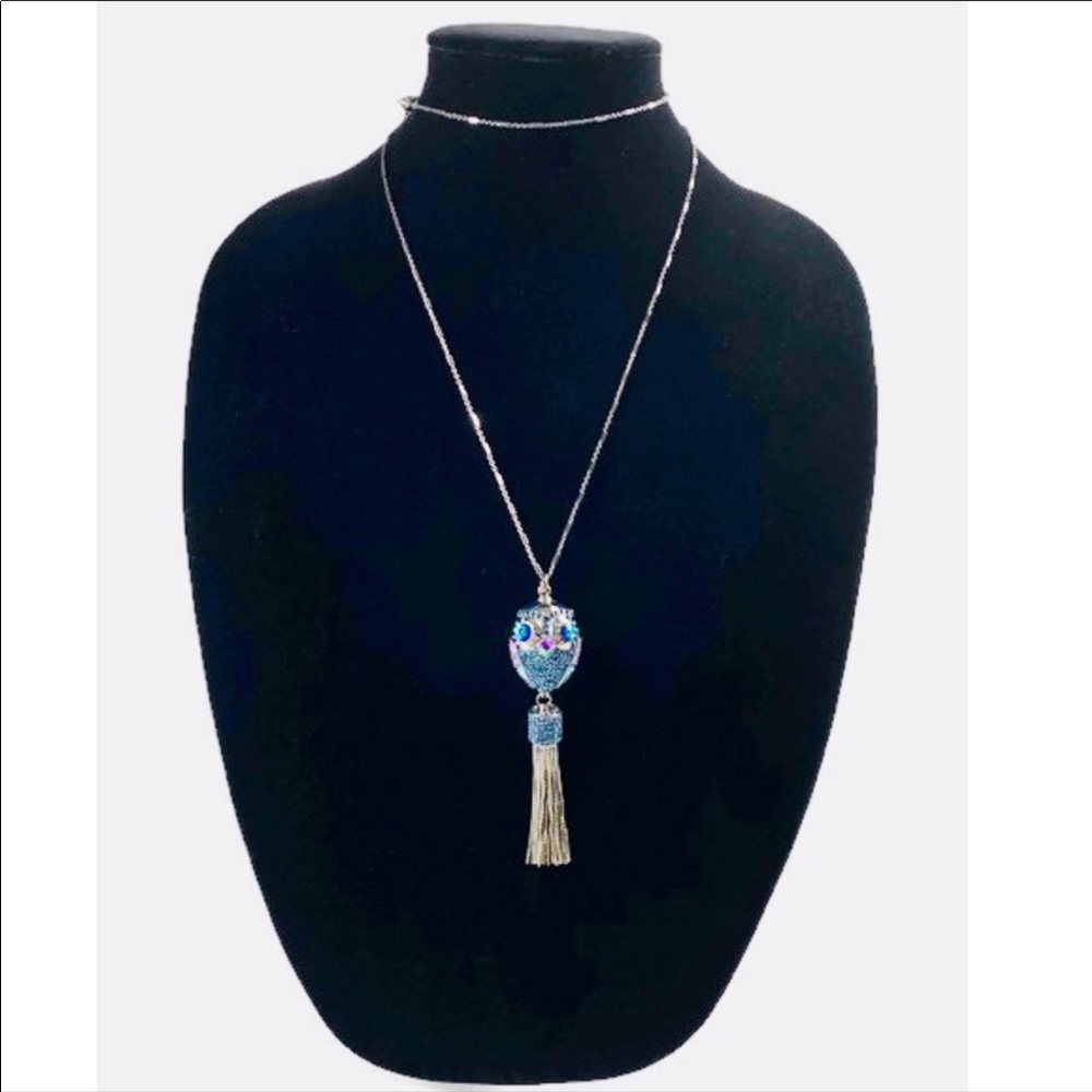Henri Bendel OWL Blue Crystal Pendant Necklace 20”